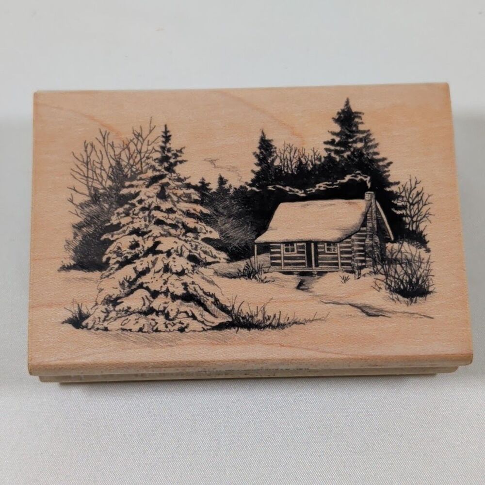 Inkadinkado Winter Log Cabin Snow Scene Wood Mounted Rubber Stamp Trees